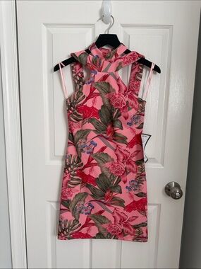 bebe Pink Tropical Floral Halter Mini Dress